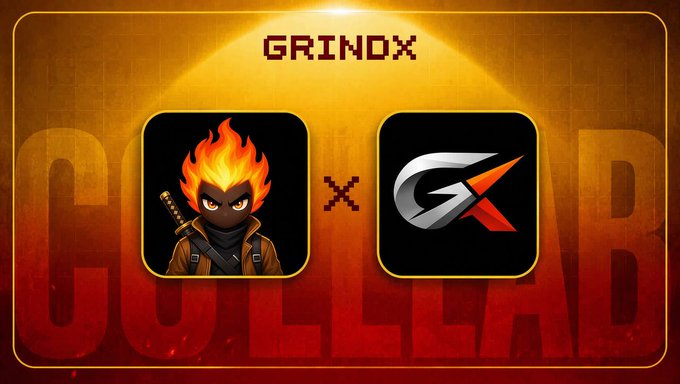 A 'GRINDX' branded banner featuring two app icons separated by an 'X' — a ninja character with a flaming head on the left and a stylized 'G' logo with a red arrow on the right, over a 'GUELBAB' background.