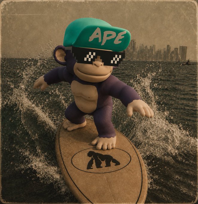 A Bored Ape-style cartoon character wearing pixelated "deal with it" sunglasses and a teal cap reading "APE" surfs a wave on a board featuring an ape silhouette, with a city skyline in the background—perfectly matching the weekend surfing vibe and the $APE ticker mentioned in the post.