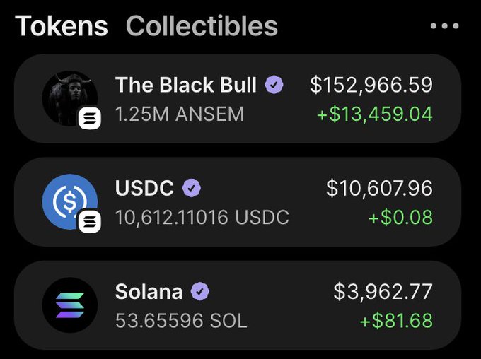 The image shows a crypto portfolio dashboard displaying three assets: "The Black Bull" with 1.25M ANSEM valued at $152,966.59 (up $13,459.04), 10,612.11016 USDC valued at $10,607.96 (up $0.08), and 53.65596 SOL valued at $3,962.77 (up $81.68). The screenshot serves as visual proof of the poster's claim of turning $800 into $150k, likely through the ANSEM token, while promoting a giveaway requiring retweets and follows on Telegram.
