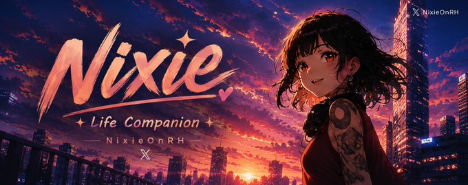 The image is a stylized promotional banner featuring "Nixie Life Companion" branding in vibrant pink lettering alongside an anime-style character, set against a dramatic sunset cityscape, promoting the Nixie On RH token at the specified contract address on Robin Hood.
