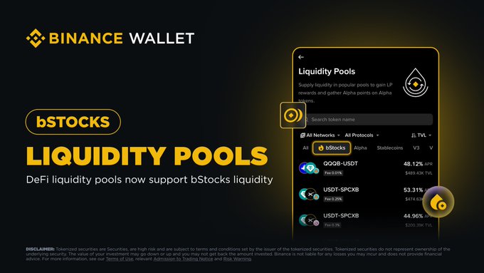 Binance Wallet now supports bStocks liquidity pools in DeFi, allowing holders to earn LP rewards on platforms like QQQB-USDT. The image displays the Binance Wallet interface showcasing liquidity pools, with "bStocks" prominently featured and its integration into DeFi highlighted.