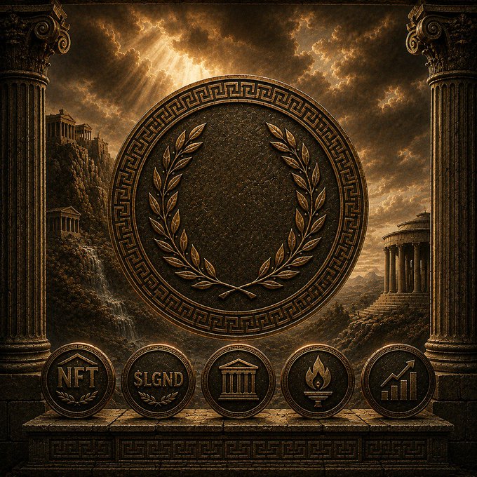A golden laurel-encircled medallion framed by ancient Greek columns sits above five smaller coins labeled "NFT," "$LGND," a temple, a flame, and a growth chart, evoking the "early but built" stage of a Web3 project—where infrastructure like NFTs, tokens, and staking already function before mainstream attention arrives.