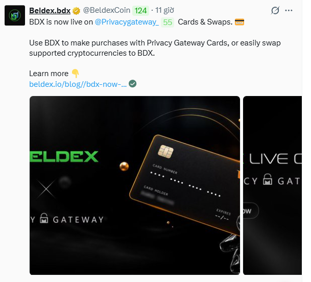 A tweet from @BeldexCoin announces that BDX is now live on @Privacygateway_55, featuring promotional images of a sleek black credit card.