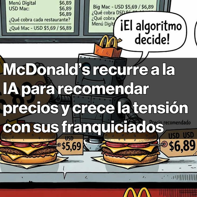 A Spanish-language satirical illustration showing a robot with a McDonald's fries box on its head saying "¡El algoritmo decide!" between two burgers priced at USD $5,69 and $6,89, with overlaid text: "McDonald's recurre a la IA para recomendar precios y crece la tensión con sus franquiciados".