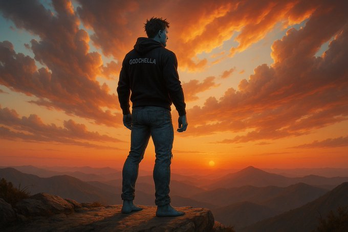 A digital illustration of a man in a 'GODCHELLA' hoodie standing barefoot on a cliff edge at sunset, overlooking a vast mountain landscape.