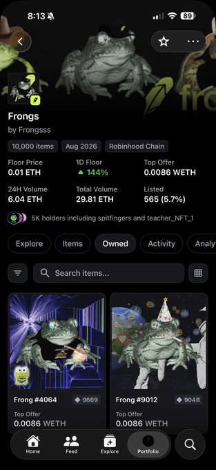 A screenshot of an NFT collection called "Frongs" by Frongsss on Robinhood Chain shows 10,000 items with a floor price of 0.01 ETH (up 144%) and a 24H volume of 6.04 ETH. The display features two cartoon frog NFTs (#4064 and #9012), each priced at a top offer of 0.0086 WETH, fitting the caption's "See you at the top" sentiment by highlighting trending items in the collection.