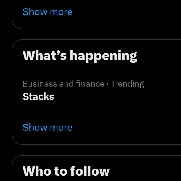 A screenshot of an app interface displays sections including 'What's happening' categorized under 'Business and finance · Trending' and 'Stacks', followed by 'Who to follow'.
