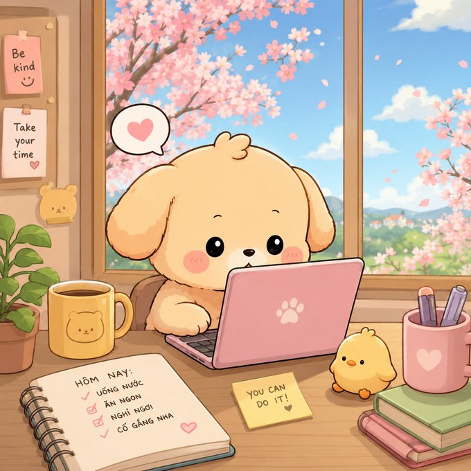 A cute illustrated scene of a fluffy puppy using a pink laptop at a desk by a window with cherry blossoms, featuring a notebook with Vietnamese text 'Hôm nay: Uống nước, Ăn ngon, Nghỉ ngơi, Cố gắng nhà', a coffee mug, a chick figurine, sticky notes saying 'Be kind', 'Take your time', and 'You can do it!', and a heart speech bubble.