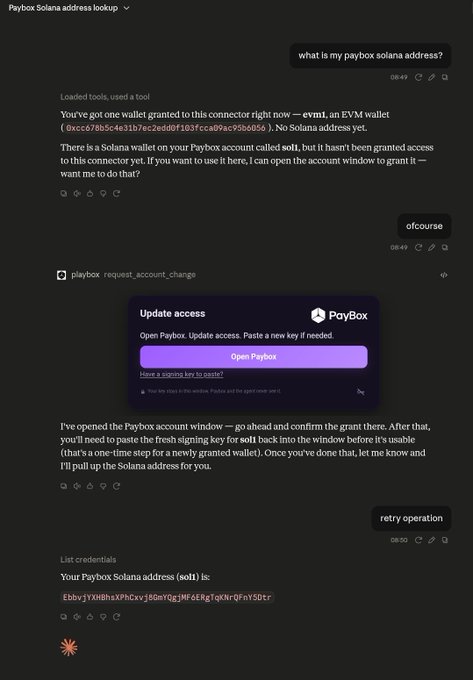 A screenshot of a ChatGPT conversation about Paybox Solana address lookup, showing a wallet address 'EbbyjYX8hshXPhCxVjS6mYQcjW6ERgTqkNrdFnY5Dtcr' granted access.