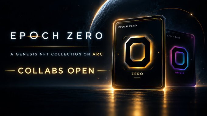 A promotional graphic for 'EPOCH ZERO' advertises a Genesis NFT collection on ARC, featuring glowing golden and purple card designs with 'COLLABS OPEN' in yellow text.