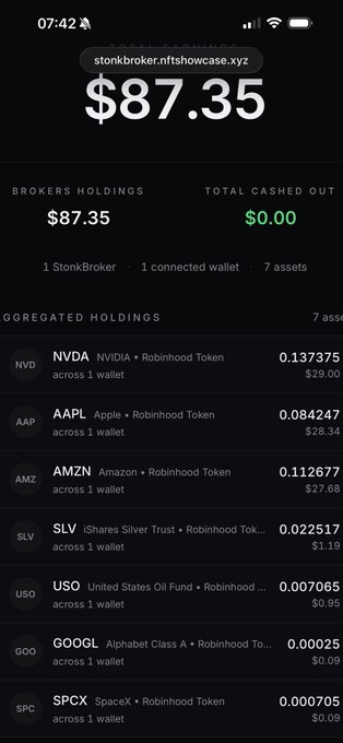 A mobile screenshot from stonkbroker.nftshowcase.xyz shows aggregated holdings totaling $87.35 across stocks including NVDA, AAPL, AMZN, SLV, USO, GOOGL, and SPCX.