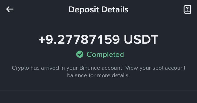 A screenshot of a "Deposit Details" screen showing a successful deposit of "+9.27787159 USDT" to a Binance account, indicated by a green checkmark and "Completed" text.