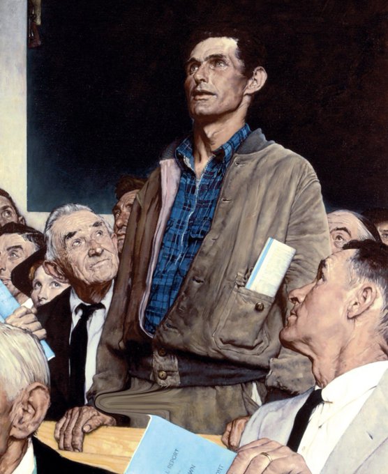 A classical painting depicting a tall man in a brown jacket standing in a crowd, looking upward with an intense expression, while seated older men around him also look up.