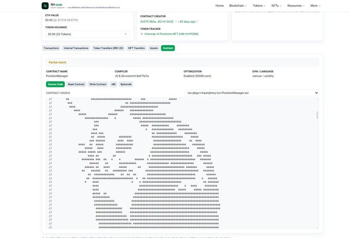 A screenshot of the BNB scan page for the contract "PosbYBa...BA19A52" shows contract details including the Compiler version v0.8.2+commit.bd97fc7a and Optimization Enabled (200000 runs), with the partial contract source displayed below. The image relates to the post by showing the verified smart contract for the $POSM memecoin on BSC, which the post claims is embedded in Uniswap's contract code.