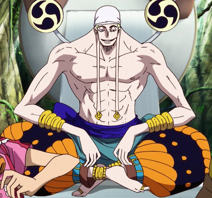 An animated character, the CP0 agent Lucci from the One Piece anime, sits cross-legged in a meditative pose wearing a white head covering, with large tomoe symbols visible in the background.