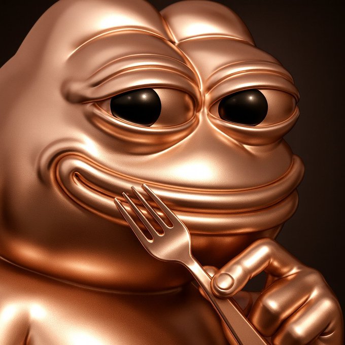 A 3D rendered, copper-colored frog character with a wide smile holds a fork in its hand against a dark background.