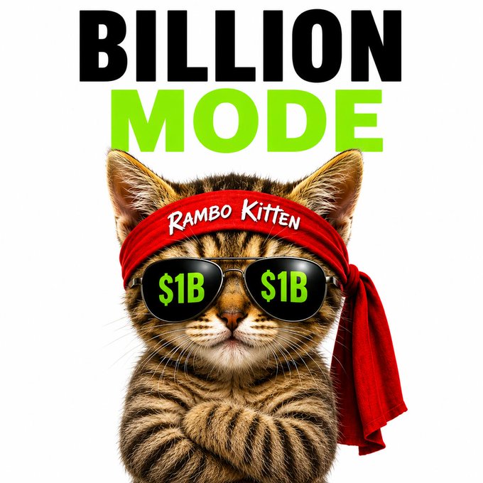 A digital illustration of a serious-looking tabby kitten wearing a red 'RAMBO KITTEN' headband and sunglasses with green '$1B' reflections in the lenses, below the text 'BILLION MODE'.
