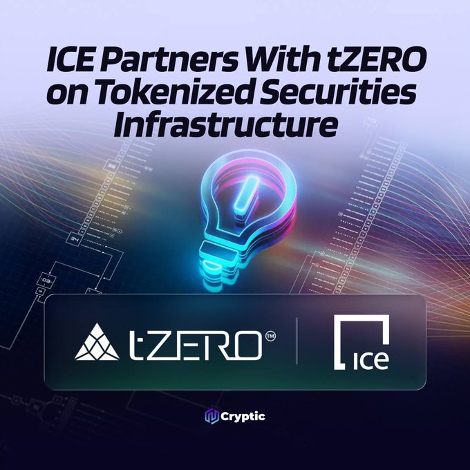 A promotional graphic featuring a glowing neon lightbulb icon over a digital background, with the headline "ICE Partners With tZERO on Tokenized Securities Infrastructure" displayed above the tZERO and ICE logos, alongside a "Cryptic" branding mark at the bottom. The image visually reinforces the post's announcement of the NYSE parent company ICE collaborating with tZERO to develop blockchain-based tokenized securities infrastructure.