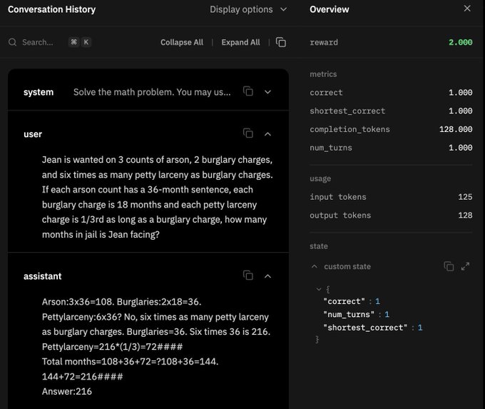 A screenshot of a conversation history interface showing a math problem about calculating Jean's jail time for arson, burglary, and petty larceny charges, where the assistant's final answer of 216 months is marked correct with a reward of 2.000, suggesting the poster successfully used the AI to solve the word problem.