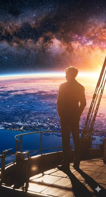 The image features a man standing on top of a building, looking down at the ocean below him. The sky above them is filled with stars, creating an awe-inspiring scene. The photo has been edited to include a caption that reads "GM GM CT Yes, I believe in Jesus. I'll be exploring @useTria today, show love and i'll do better." This caption adds context to the image by suggesting that the man is contemplating his faith or spiritual journey while enjoying the beauty of nature.