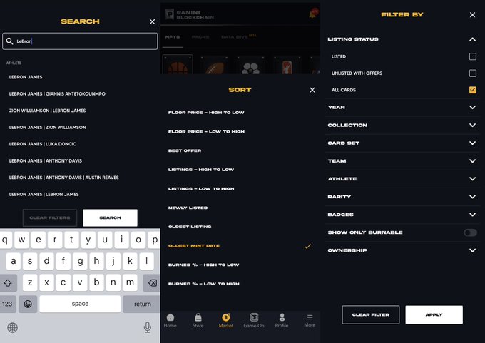 A mobile app interface showing a marketplace search screen for 'Lebron' with a keyboard open, filter options on the right (Year, Collection, Rarity, etc.), and sorting options in the center.