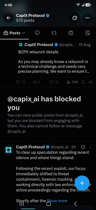 A screenshot of the CapIX Protocol (@capix_ai) Twitter/X profile page showing that the account has blocked the user, alongside visible posts about "$CPX relaunch details" and a recent exploit response. The accompanying post expresses frustration at being blocked after questioning CapIX Protocol about an alleged $250k investor funding claim.