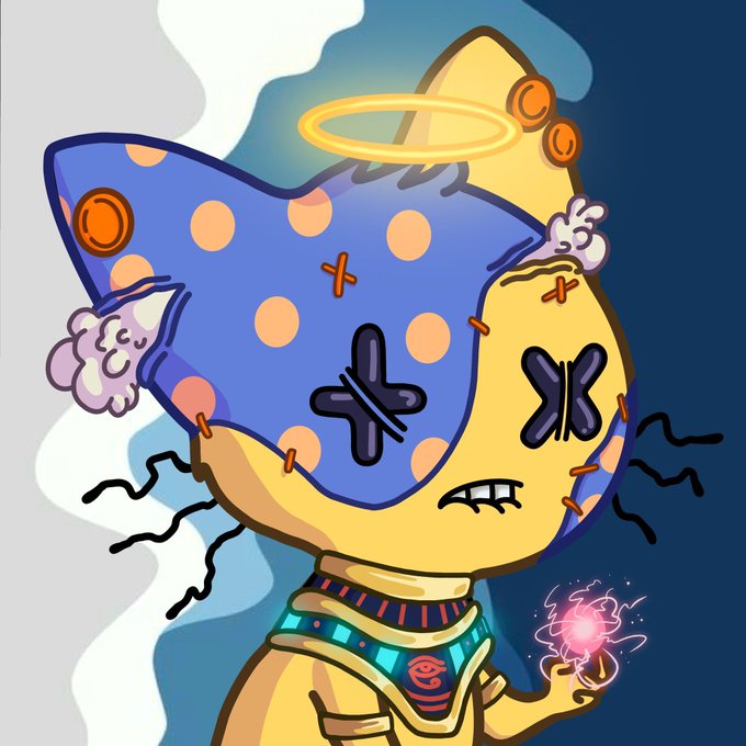 A colorful digital illustration of a patchwork cat-like creature with a halo, X-shaped eyes, and stitched details, holding a glowing pink orb.