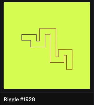 A bright green background displays a black geometric line drawing resembling a maze or circuitry, labeled 'Riggle #1928' at the bottom.