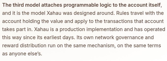 A text excerpt explaining Xahau's third model for programmable logic attached directly to accounts, where rules travel with the value-holding account and apply to its transactions, noting that Xahau's own network governance and reward distribution operate on the same mechanism as other users'.