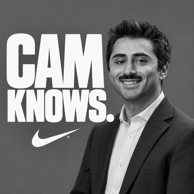 A black-and-white Nike advertisement featuring a smiling young man in a suit next to bold text reading 'CAM KNOWS.' alongside the Nike swoosh logo.