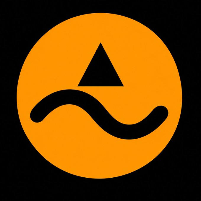A minimalist logo featuring a black triangle and a wavy line on an orange circular background against black.