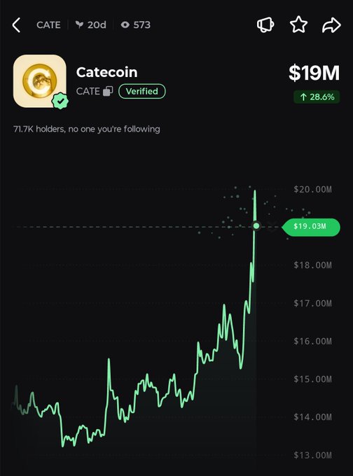 A screenshot of the CATE (Catecoin) token page shows a market cap of $19M with a 28.6% increase, corroborating the post's claim of a 29% rally in the past 6 hours, as the chart displays a sharp upward spike from around $14M to nearly $19M.