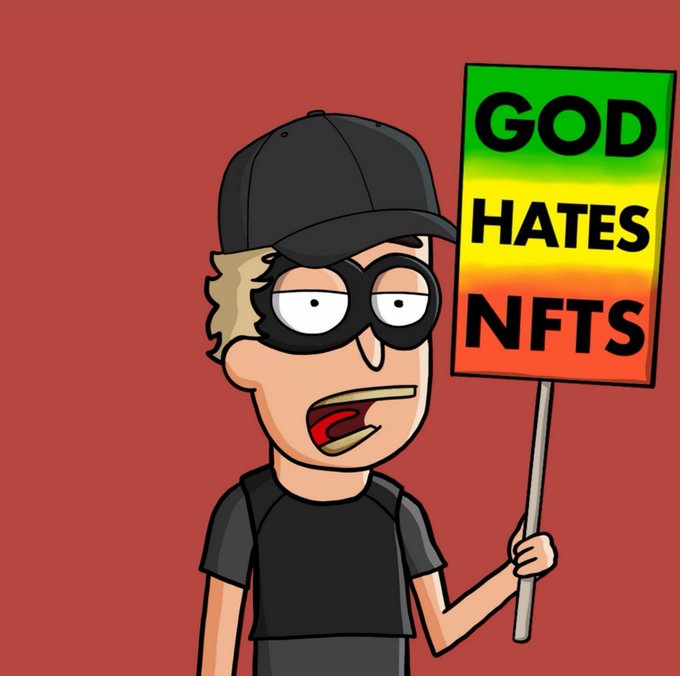 A cartoon character wearing a baseball cap and glasses holds a rainbow-colored sign reading "GOD HATES NFTS".