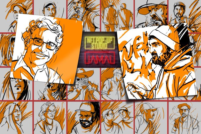 A vibrant grid of 24 stylized orange-and-black portrait sketches surrounds a "NFT POP-UP STUDIO JAMAD" logo, illustrating the "Every portrait in orange" NFT collection created in collaboration with @NFTpopupstudio, with a floor price of 1 XTZ on Tezos.