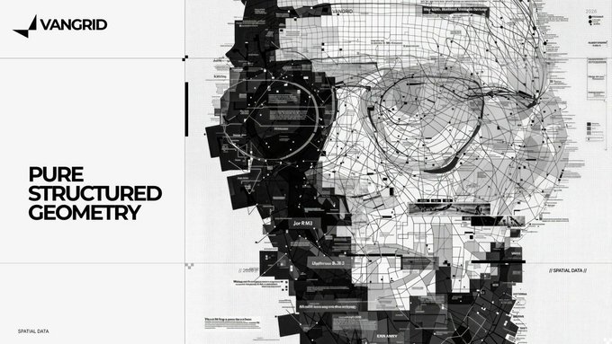 A presentation slide for 'VANGRID' titled 'PURE STRUCTURED GEOMETRY' featuring an abstract black-and-white wireframe face composition.