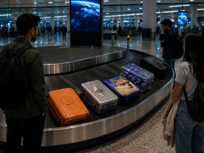 Travelers wait at an airport baggage claim carousel where several distinctive suitcases are circulating, including an orange ribbed case, a silver suitcase featuring an Ethereum (ETH) logo, a blue case displaying the Bitcoin (₿) symbol, and one wrapped in clear plastic containing what appear to be water bottles—each bag seemingly representing a different crypto token or meme coin awaited by its owner.