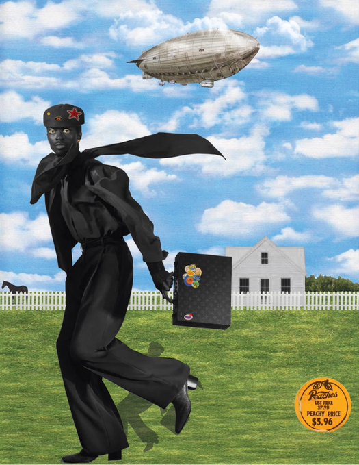 The image shows a digital collage artwork featuring a Black figure in dark military-style attire and a red-star beret walking across a green lawn, carrying a black briefcase with a cartoon sticker, while a silver airship floats above a white picket-fenced house against a blue cloudy sky. An orange "Peaches" $5.96 price sticker appears in the bottom right, matching the surreal, vintage-style aesthetic that connects to the "BLU3 SKY" title and its availability as a digital edition on @objktcom.
