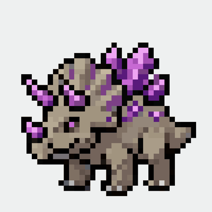 A pixel art sprite of a beige and brown dog-like creature surrounded by purple flowers on a transparent background.