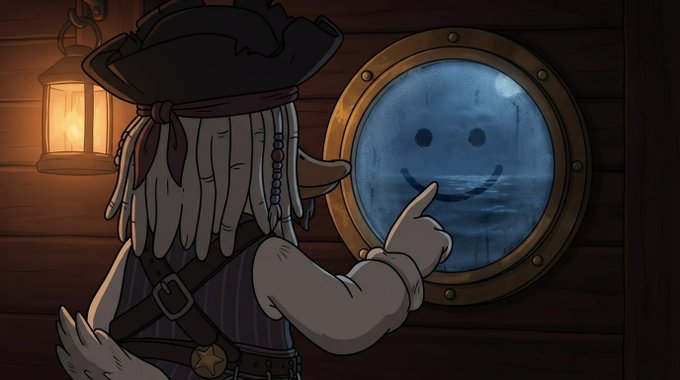A cartoon illustration of a pirate with dreadlocks and a tricorn hat pointing at a glowing smiley face in a ship's porthole window.