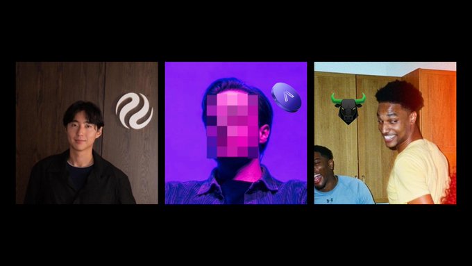 A triptych of three portrait photos on a black background: a young man on the left, a person with a pixelated face on a purple background in the center, and a smiling man with a bull logo on the right.