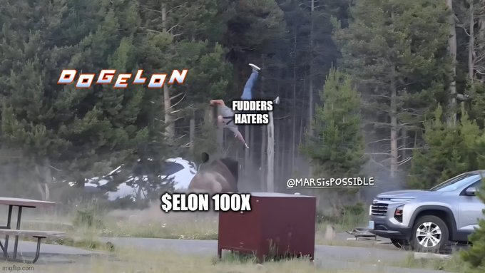 Meme image of a person being launched into the air with text 'DOGELON', 'FUDDERS HATERS', 'SELON 100X', and '@MARSisPOSSIBLE' overlaid.