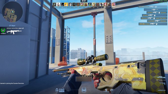 A first-person screenshot from Counter-Strike 2 showing a player holding a gold and green snake-patterned Galil AR sniper rifle on 'Vertigo' map (CT Start), with a 6:57 round timer and 100 HP displayed.