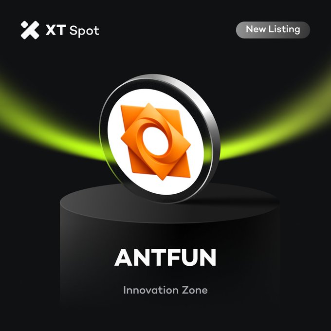 A 3D promotional graphic for XT Spot featuring a silver coin with an orange geometric logo on a black pedestal with green neon accents, labeled 'ANTFUN - Innovation Zone' with a 'New Listing' badge.