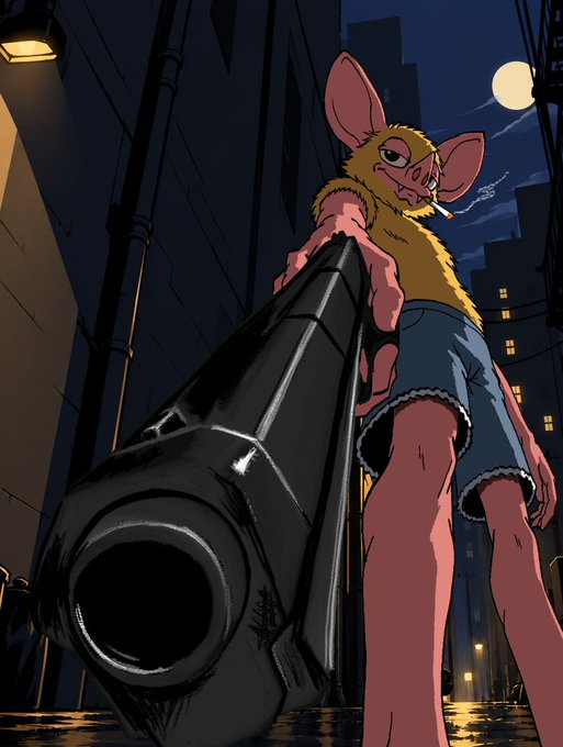 An illustrated anthropomorphic mouse character in a yellow tank top and denim shorts points a large handgun toward the camera in a nighttime city alleyway.