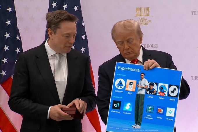 Elon Musk and Donald Trump stand together in front of an American flag; Trump holds a blue poster displaying a grid of cryptocurrency logos under the heading 'Experimental,' including BUCKCASE, BCOO, DOGY, TEMU, RAWR, xExchange, PepeCash, Tonks Exchange, Bankr, and Virtude.