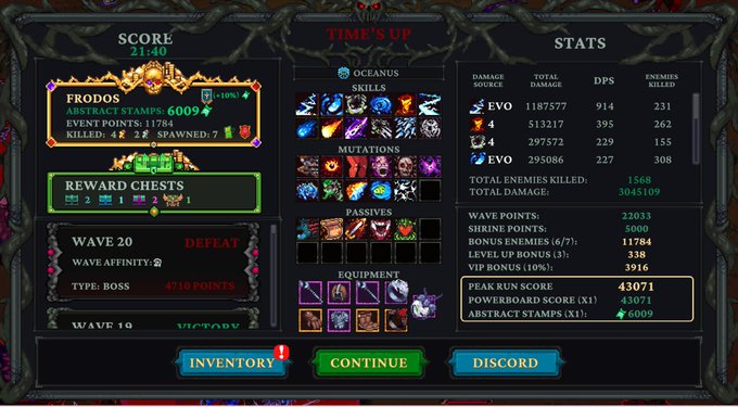 Game over screen for a game called 'OCEANUS' showing 'TIME'S UP' with score 21:40, character 'FRODOS' with 6009 abstract stamps, wave 20 defeat against a boss, and statistics showing 11875775 total damage and 231 enemies killed.