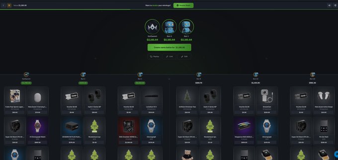A screenshot of the LuxDrop.com battle interface displays a user with a $1,100.00 balance preparing to join a 2x battle valued at $1,912.64 between Bot 2 and Bot 3, with various unboxed prizes like GPUs, drones, gaming PCs, AirPods, and smartwatches shown below. The image directly supports the post about attempting a 2x multiplier battle to potentially win and unbox a Rolly.