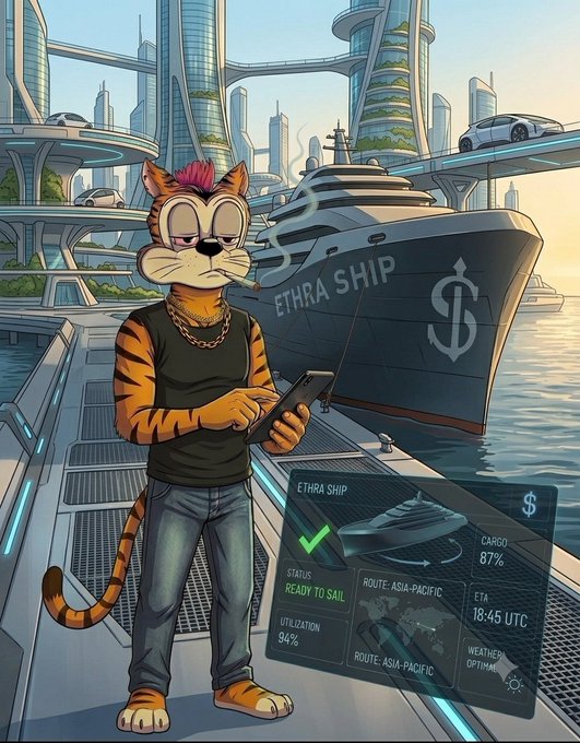 A cartoon illustration of a tiger-like character with a red mohawk using a smartphone on a futuristic dock next to a large yacht labeled 'ETHRA SHIP' with a dollar sign, while a holographic interface displays ship status, cargo (87%), and route information for 'ASIA-PACIFIC.'