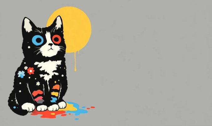 Illustration of a black and white cat with one blue and one red eye, surrounded by colorful puzzle piece patterns and paint splatters against a gray background.