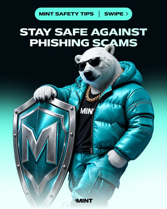 A promotional graphic titled 'MINT SAFETY TIPS - STAY SAFE AGAINST PHISHING SCAMS' featuring an anthropomorphic polar bear wearing sunglasses, a teal puffer jacket with 'MINT' branding, and a gold chain while holding a shield with the MINT logo.